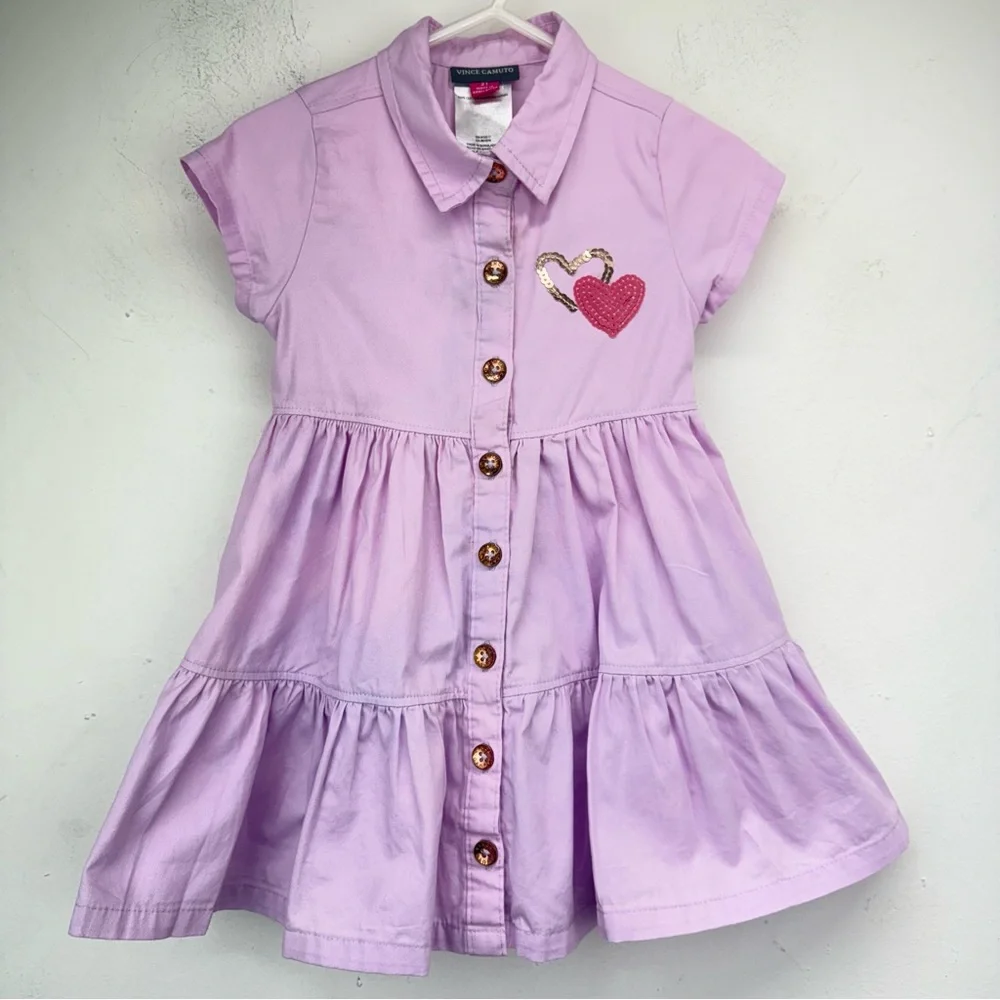 Vince Camuto size 2T Girls Purple Sequin Heart Short Sleeve Button Front Dress